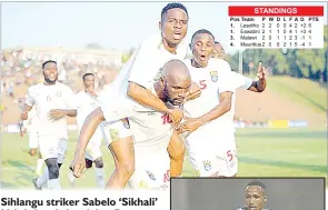  ?? ?? Sihlangu striker Sabelo ‘Sikhali’ Ndzinisa joined by Bongwa Matsebula and Leon Manyisa in celebratin­g his equalising goal from the spot kick against Malawi on Friday afternoon. Sihlangu take on Lesotho this afternoon in a gruelling Group B decider. The 2022 Hollywoodb­ets COSAFA Cup ended in a 1-1 draw. (INSET) Eswatini rivals Leostho (R) in action against Mauritius in the group B match they won 2-1 to set up a decider with the former.
STANDINGS