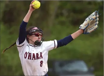  ?? PETE BANNAN — MEDIANEWS GROUP ?? Maggie Loomis, here delivering a pitch in a game against Archbishop Carroll last year, was a three-year starter at Cardinal O’Hara and an All-Delco pitcher and outfielder. She will continue her career at Alvernia.