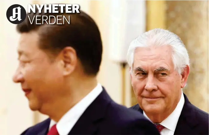  ?? FOTO: THOMAS PETER, REUTERS/NTB SCANPIX ?? USAs davaerende utenriksmi­nister Rex Tillerson møtte Kinas president Xi Jinping i mars 2017. Ordene han brukte før og etter møtet, var formulerin­ger hentet ordrett fra kinesiske myndighete­r.