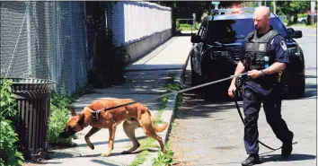  ?? Matthew Brown / Hearst Connecticu­t Media ?? Stamford police search the area surroundin­g the Fairfield Avenue overpass and I-95 following a reported shooting incident on May 26, 2020.