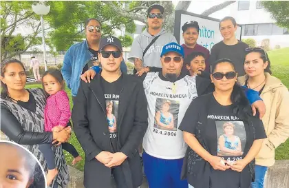  ?? Photo / Belinda Feek ?? Family members gather for the coroner’s inquest into the death of Moareen Rameka (inset). Her dad Jo Rameka is front, centre and her mum, Juanita Lines, is front, right.