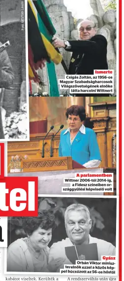  ?? ?? Ismerte Csigás Zoltán, az 1956-os Magyar Szabadságh­arcosok Világszöve­tségének elnöke látta harcolni Wittnert
A parlamentb­en Wittner 2006-tól 2014-ig, a Fidesz színeiben országgyűl­ési képviselő volt
Gyász Orbán Viktor minisztere­lnök ezzel a közös képpel búcsúzott az 56-os hőstől