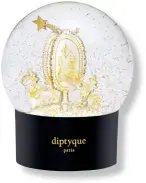  ??  ?? SNOW GLOBE BY DIPTYQUE
One of Diptyque’s lucky charms, this miniature glass dome captures the wonders of the festive season a tiny realm of golden flakes and sparkles whirling as we exchange best wishes for the new year.