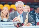  ?? EDDIE MOORE/JOURNAL ?? Chief Bill Woody, Office of Law Enforcemen­t, U.S. Fish and Wildlife Service, displays counterfei­t Native American art that has been confiscate­d, during a U.S. Senate field hearing at Santa Fe Indian School in Santa Fe on Friday.