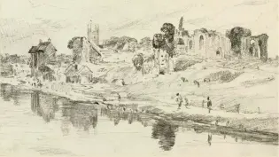  ??  ?? Right: Detail of The Abbey at Reading by John Constable, showing fallen and standing remains north of the River Kennet in 1821; the tall abbey mill survives on the left, and the site of Reading Gaol is open space on the right