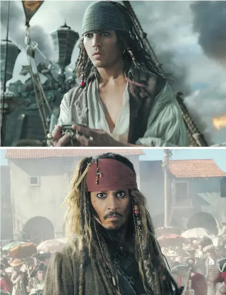  ?? — DISNEY FILES ?? Captain Jack Sparrow at two stages of his life in Pirates of the Caribbean: Dead Men Tell No Tales. Johnny Depp is the latest mega-star to get the drastic de-aging treatment on screen.