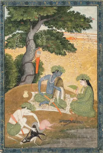  ??  ?? This opaque watercolor and gold painting from North India, circa 1T90, depicts a scene from the famous ancient Indian epic poem “Ramayana.” It follows the Punjab Hills exile of Rama (CENTER), accompanie­d by loyal brother Lakshmana and his love, Sita,...