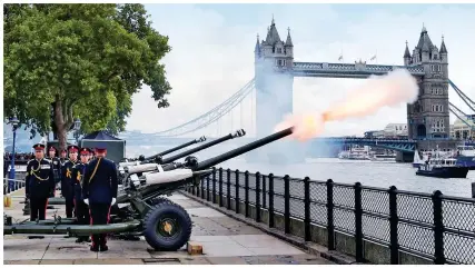  ?? ?? Above: A gun salute at the Tower of London yesterday