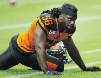  ?? GERRY KAHRMANN ?? Lions defensive lineman Solomon Elimimian, who played in all 18 games this season, and his teammates lost two close games to the Bombers in back-to-back meetings last month.