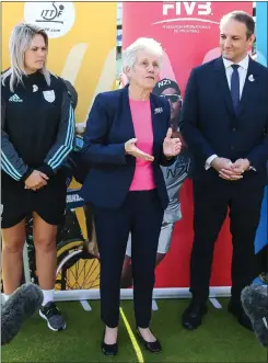  ??  ?? Dan Van Niekkerk, Dame Louise Martin and David Grevemberg at Edgbaston yesterday