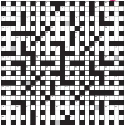  ?? ?? FOR A CHANCE TO WIN £750: Solve crossword to reveal the word reading down the shaded boxes. HOW TO ENTER: Call 0901 293 6231 and leave six-letter answer and details, or TEXT 65700 with the word XWORD, your answer and name. Texts and calls cost £1 plus standard network charges. One winner chosen from all correct entries received between 00.01 today (Saturday) and 23.59 tomorrow (Sunday). UK residents aged 18+, excl NI. Full terms apply, see Page 44. NEED A CLUE? Text HINT to 65700 for six answers, or call 0901 293 6235. Texts and calls cost £1 plus standard network charges. Today’s clues available from 00.01 Saturday to 23.30 on Sunday.