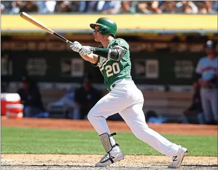  ?? LACHLAN CUNNINGHAM – GETTY IMAGES ?? Mark Canha of the A’s drills an RBI single in the fifth inning against the Astros on Saturday. Canha also singled in the third to drive in two runs.