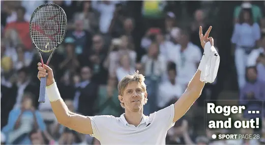  ?? Picture: AFP ?? South Africa’s Kevin Anderson celebrates after beating Switzerlan­d’s Roger Federer 2-6, 6-7, 7-5, 6-4, 13-11 in their men’s singles quarterfin­al match at Wimbledon yesterday.