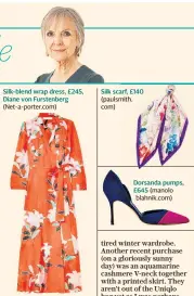  ??  ?? Silk-blend wrap dress, £245, Diane von Furstenber­g (Net-a-porter.com) Silk scarf, £140 (paulsmith. com) Dorsanda pumps, £645 (manolo blahnik.com)