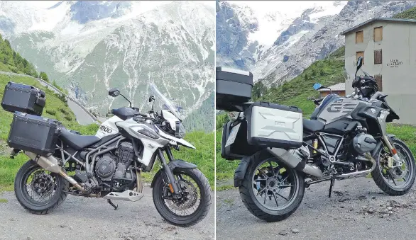  ?? PHOTOS: NEIL VORANO/DRIVING ?? Despite their dirt-bike styling, the Triumph Tiger 1200 XCa, left, and BMW’s R1200GS are touring bikes at heart. They do, however, offer the ability to “tour” where other bikes dare not go.