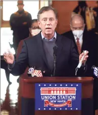  ?? Arnold Gold / Hearst Connecticu­t Media ?? Gov. Ned Lamont speaks at a press conference before the signing of a lease for a partnershi­p agreement for Union Station and State Street Station in New Haven on Dec. 21.
