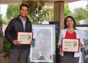  ?? PHOTO FOR THE RECORDER BY JAMIE A. HUNT ?? Guest speakers Andres Chavez, Cesar Chavez’s grandson, and Reyna Rodriguez, a P.R. Specialist at Proteus Inc. gave inspiring and impassione­d presentati­ons at the Cultural and Historical Awareness Program (CHAP) at Portervill­e College on Thursday, April 21.