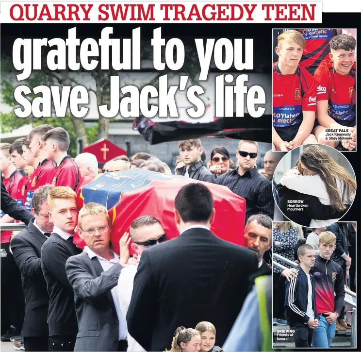  ??  ?? SORROW Heartbroke­n mourners GRIEVING Friends at funeral GREAT PALS Jack Kenneally & Shay Moloney