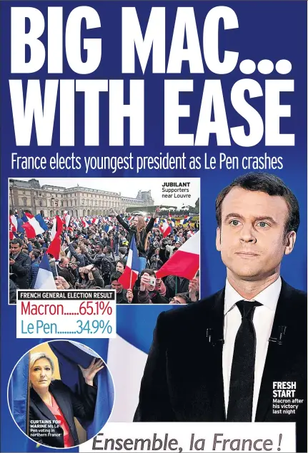  ??  ?? JUBILANT Supporters near Louvre FRESH START Macron after his victory last night CURTAINS FOR MARINE Ms Le Pen voting in northern France