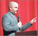  ?? Jeremy Stewart ?? Cedartown head football coach Jamie Abrams speaks during the signing celebratio­n held for three players in the Cedartown High School auditorium Wednesday, Feb. 1.