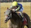  ?? PHOTO SPENCER TULIS ?? Sombeyay wins the 104th Running of the Sanford for 2year ols at Saratoga Race Course Saturday.