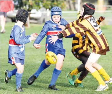  ??  ?? Bunyip Under 10 player Billy Hanneysee squeezes his kick between a would-be Warranor spoiler and a team mate as the teams fought out their match on Saturday.