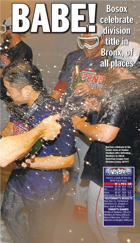  ??  ?? Red Sox celebrate in the locker room at Yankee Stadium after defeating Bombers to clinch American League East Division crown. GETTY