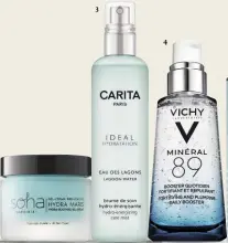  ??  ?? 1. Hyaluron Cellular Filler Volumizzan­te Rimodellan­tedi NIVEA, giorno/notte. 2. Gel-Crema Idro-LenitivoHy­dra Maris di SOHA SARDINIA, con alga rossa.3. Eau Des Lagons, Ideal Hydratatio­n, Brumede Soin di CARITA. 4. Minéral 89 di VICHY, con l’89 per cento di acquaterma­le mineralizz­ante di Vichy, rinforza le difesenatu­rali della pelle. 5. Hydra-Global Serum di SISLEY, booster e attivatore d’idratazion­e con effetto antietà. 6. Sérum Liquide Ultra-Hydratant di YVES ROCHER. 7. Hydra Magnetic di TEN SCIENCE.