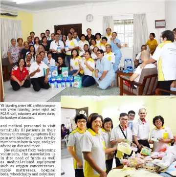  ??  ?? Yii (standing, centre left) and his team pose with Vivien (standing, centre right) and PCAM staff, volunteers and others during the handover of donations. Yii (centre) and his staff take a closer look at handicraft made by PCAM volunteers.