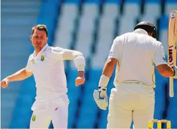  ?? Reuters ?? South Africa’s Dale Steyn celebrates the dismissal of New Zealand’s Ross Taylor during the second Test at Centurion Park yesterday.