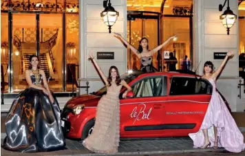  ??  ?? Arriving in Style Alice de Séjournet de Rameignies, Costanza Diaz della Vittoria Pallavicin­i, Alice Ho, and Jeanne Malle pose with Le Bal’s custom Renault