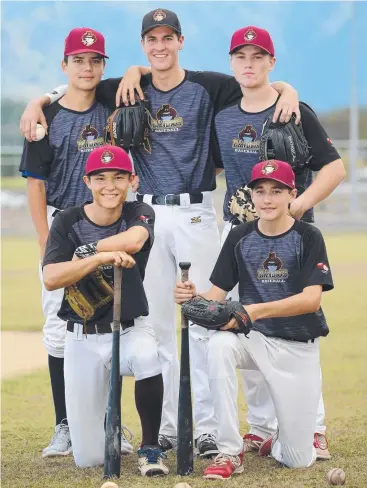  ?? Pictures: ANNA ROGERS ?? BIG-LEAGUE DREAMS: Queensland Bandits squad members (back row) Mirai Dymond, 15, Brock Wollin, 16, Kyle Ashby, 16, and (front) Riki Ward, 16, and Mac Wollin, 15.