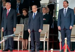  ?? AFP ?? Lebanese Prime Minister Saad Hariri, President Michel Aoun and House Speaker Nabih Berri attend a military parade to celebrate the 74th anniversar­y of Lebanon’s independen­ce in Beirut on Wednesday. —