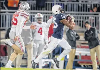  ?? ABBY DREY / CENTRE DAILY TIMES ?? Grant Haley (right) and No. 2 Penn State have taken off since he returned a blocked field goal for a touchdown to beat Ohio State last season. The teams meet again Saturday.