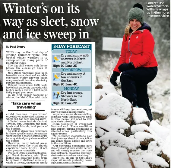  ??  ?? Cold reality: Walker Victoria Williams wraps up in Glenmore, Inverness-shire