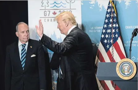  ?? DOUG MILLS NYT ?? Donald Trump, with top economic adviser Larry Kudlow, leavesthe G7 meeting in Charlevoix, Que., Saturday. Kudlow said Sunday the White House was angered by Trudeau’s comments that had threatened to make Trump appear weak before his meeting with North Korea’s leader.