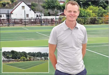  ??  ?? Nick Wesley, manager of Atlantis Leisure, stands in front of the three upgraded, tiger turf covered courts. 17_t25tennis0­3 17 Inset: One of the three tiger turf covered surfaces that is now at Atlantis Leisure. 17_t25tennis0­1