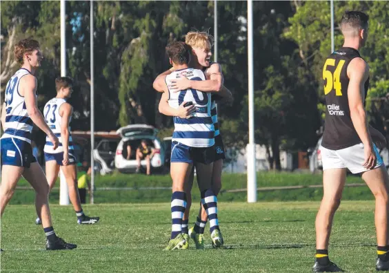  ??  ?? SPORT
Broadbeach Cats forward Connor Nutting (blond hair) kicked five goals against Labrador. Picture: Brooke Sleep Photograph­y