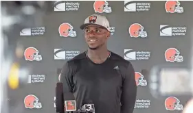  ??  ?? Browns wide receiver Josh Gordon answers questions after practice Monday in Berea, Ohio. RON SCHWANE/AP