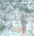  ??  ?? THE red circle on the left shows where rescuers found Andrew le Roux and the circle on the right shows where they found his wife’s body.