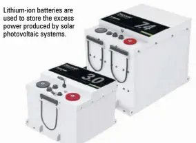  ?? ?? Lithium-ion batteries are used to store the excess power produced by solar photovolta­ic systems.