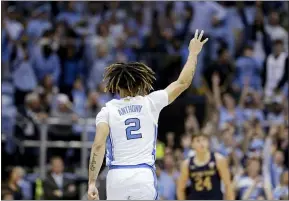  ?? GERRY BROOME — THE ASSOCIATED PRESS ?? North Carolina’s Cole Anthony lets the crowd know that he just drained a 3-pointer in the second half against Notre Dame in Chapel Hill, N.C., on Wednesday. North Carolina won, 76-65.