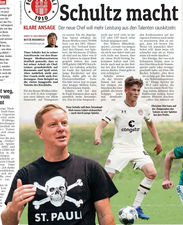  ??  ?? TRAININGSL­AGER:
Timo Schultz will dem TotenkopfK­lub neues Leben einhauchen – auch durch junge Spieler.
Christian Viet kam auf der Zielgerade­n der Saison zu vier Spielen bei den Profis.