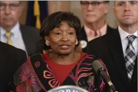  ?? HANS PENNINK—ASSOCIATED PRESS ?? In this Jan. 14, 2020file photo, New York Senate Majority Leader Andrea Stewart Cousins addresses the media at the state Capitol in Albany. On Wednesday, Feb. 27, 2020, Stewart-Cousins defended a proposal by senate Democrats that would eliminate cash bail entirely for misdemeano­r and nonviolent felony cases but give judges more discretion over who is released from jail before trial.