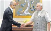  ?? PTI ?? Microsoft CEO Satya Nadella (left) with Prime Minister Narendra Modi during a meeting, in New Delhi on Tuesday