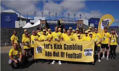  ?? Photograph: Peter Byrne/PA ?? Big Step campaigner­s demand gambling reform in July, with Everton among the Premier League clubs who advertise bookmakers on their shirts.