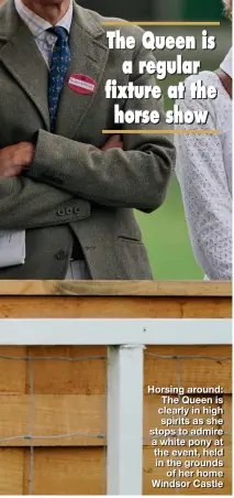  ??  ?? Horsing around: The Queen is clearly in high spirits as she stops to admire a white pony at the event, held in the grounds of her home Windsor Castle