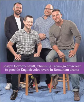  ?? DAN MACMEDAN, USA TODAY ?? Comrade Detective voice actors Gordon-Levitt, front left, and Tatum, front right, director Rhys Thomas, rear left, and co-creator Brian Gatewood created an oddball project.