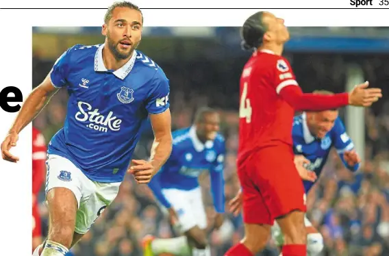  ?? — ap ?? Deadly strike: Everton’s dominic Calvert-lewin (left) celebratin­g after scoring the second goal against liverpool during the premier league match at Goodison park.