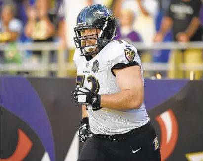  ?? NICK WASS/ASSOCIATED PRESS ?? Ravens guard Marshal Yanda has earned Pro Bowl honors in seven of the past eight seasons, missing the 2017 campaign while out for 14 games with an ankle injury. He tied outside linebacker Terrell Suggs for the fourth most selections in team history.